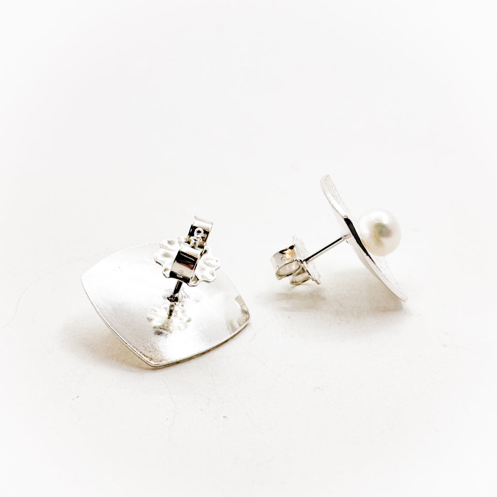 Sterling & 24k Pillow Square Earrings with Button Pearl
