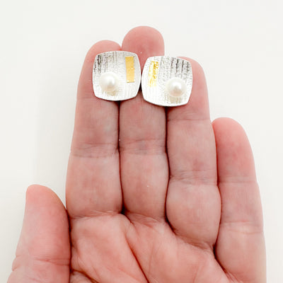 Sterling & 24k Pillow Square Earrings with Button Pearl