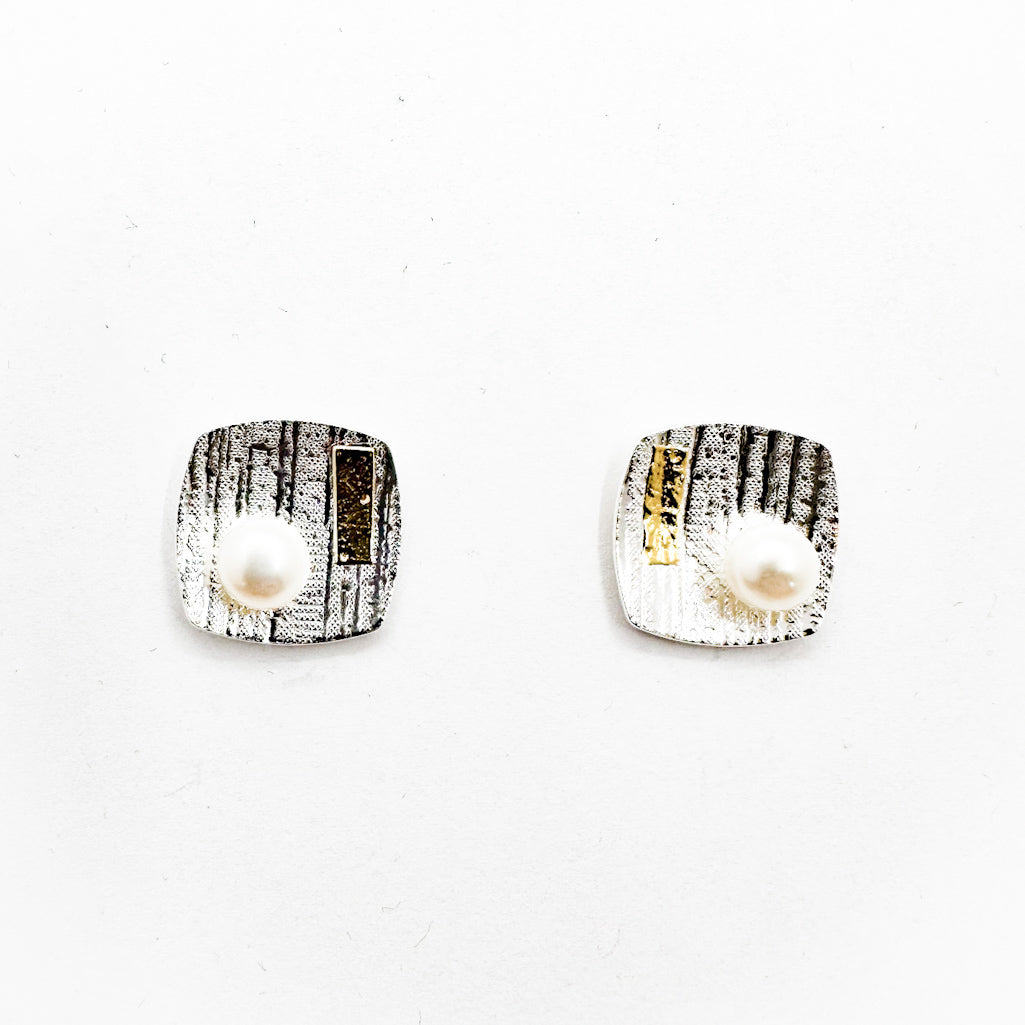Sterling & 24k Pillow Square Earrings with Button Pearl
