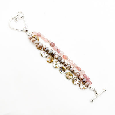 Sterling Heart Clasp Bracelet with Moonstone, Rose Quartz, and Abalone