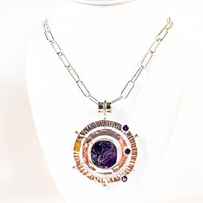 Sterling and 22k Natural Amethyst Solar Chart Necklace with Faceted Amethyst