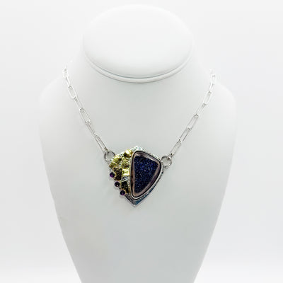 Blue Druzy pendant with gold squares and amethyst necklace