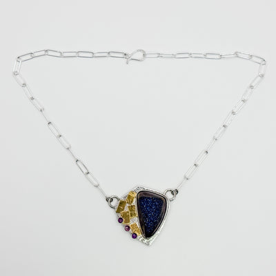Blue Druzy pendant with gold squares and amethyst necklace