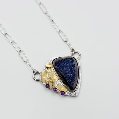 Blue Druzy pendant with gold squares and amethyst necklace