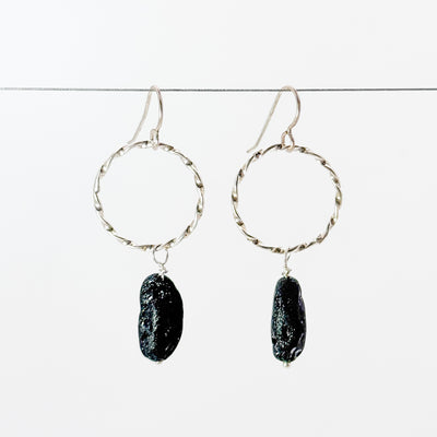 Twisted circle drop earrings with black tourmaline