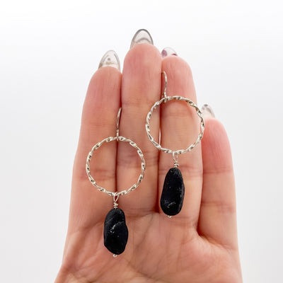 Twisted circle drop earrings with black tourmaline