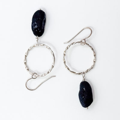 Twisted circle drop earrings with black tourmaline