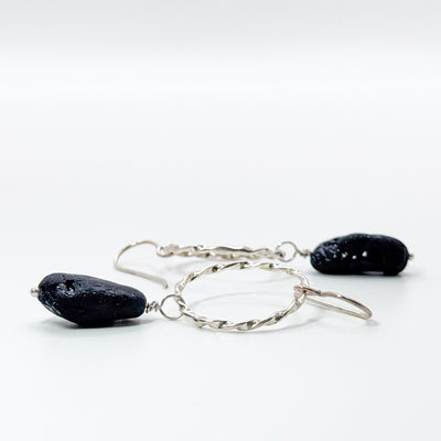 Twisted circle drop earrings with black tourmaline
