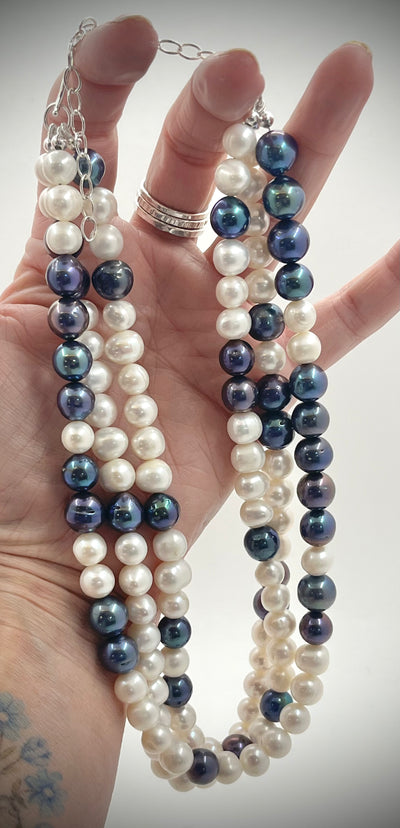 Triple Strand White and Peacock Pearl Necklace