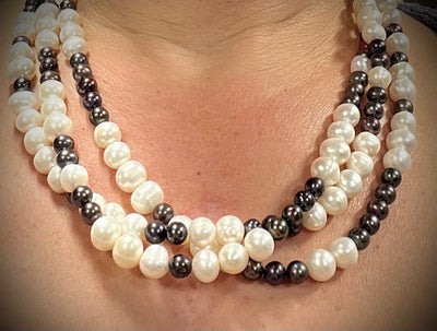 Triple Strand White and Peacock Pearl Necklace
