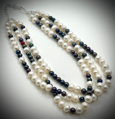 Triple Strand White and Peacock Pearl Necklace