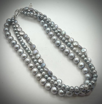 Triple Strand Grey Pearl Necklace