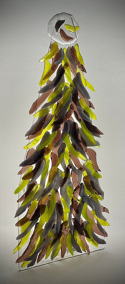 Fused Glass Xmas Tree Candle Holder with Green, Brown and Clear leaves