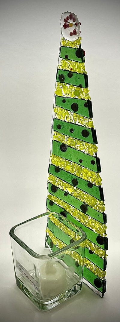 Fused Glass Xmas Tree Candle Holder in Light/Dark Green Stripes