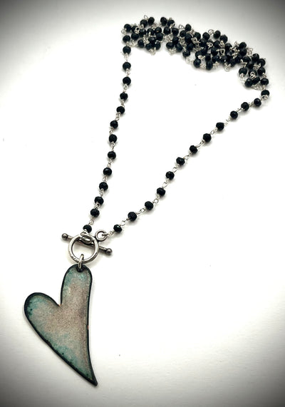 Red Enamel Heart with Beaded Onyx Necklace