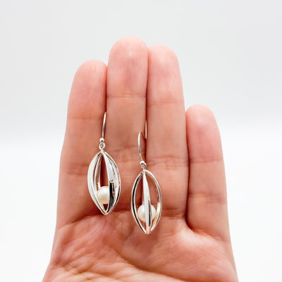 Big Cage Earrings with White trapped Freshwater Pearl
