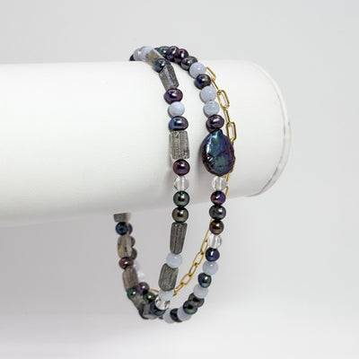 Sweet Susan triple strand bracelet with agate beads and peacock pearls