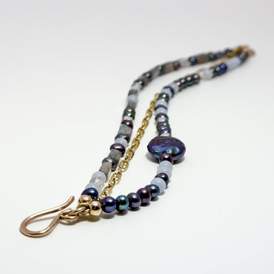 Sweet Susan triple strand bracelet with agate beads and peacock pearls