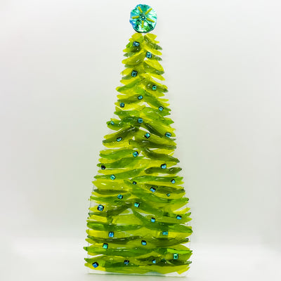 Fused Glass Xmas Tree Candle Holder in  dark lemon green swishes