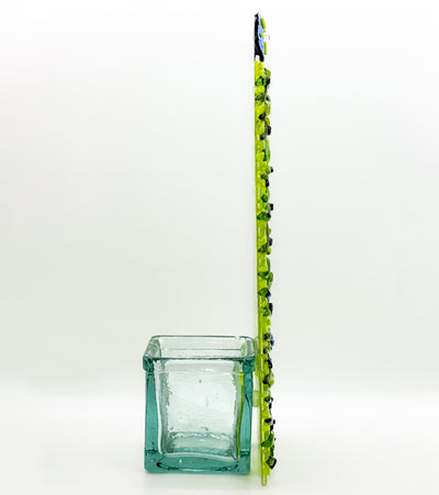 Fused Glass Xmas Tree Candle Holder in  dark lemon green swishes