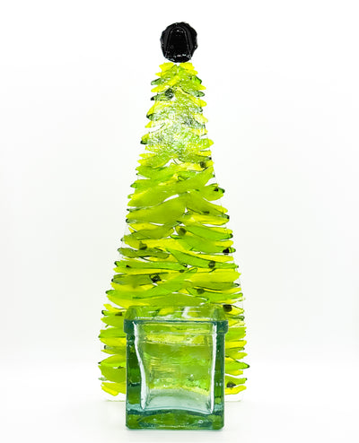Fused Glass Xmas Tree Candle Holder in  dark lemon green swishes