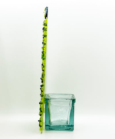 Fused Glass Xmas Tree Candle Holder in  dark lemon green swishes