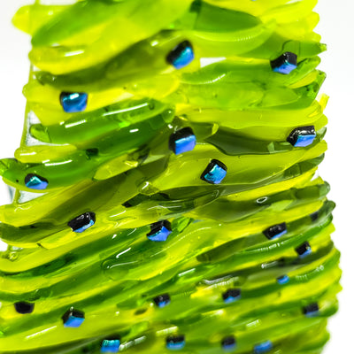 Fused Glass Xmas Tree Candle Holder in  dark lemon green swishes