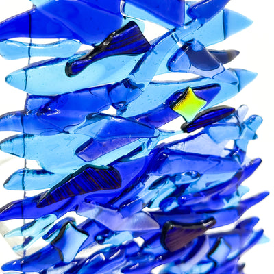 Fused Glass Xmas Tree Candle Holder in medium & dark blue swishes