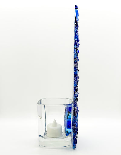 Fused Glass Xmas Tree Candle Holder in medium & dark blue swishes