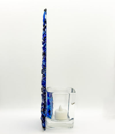 Fused Glass Xmas Tree Candle Holder in medium & dark blue swishes