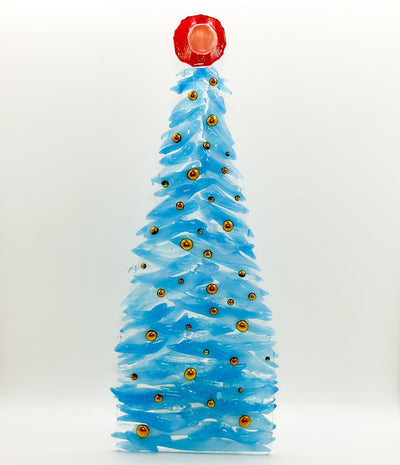 Fused Glass Xmas Tree Candle Holder in light blue