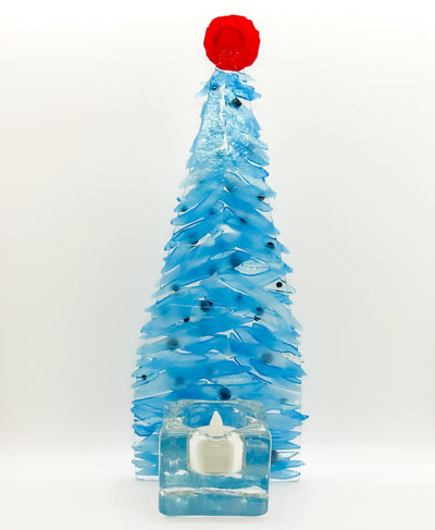 Fused Glass Xmas Tree Candle Holder in light blue