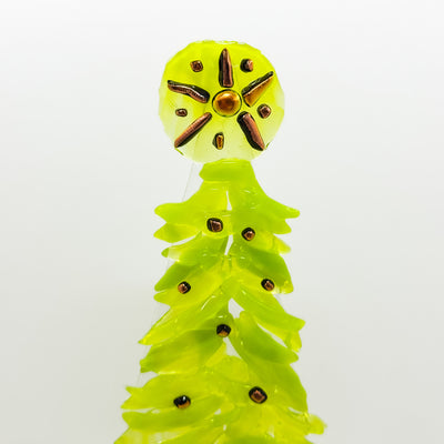 Fused Glass Xmas Tree Candle Holder in lemon green shapes with copper dots