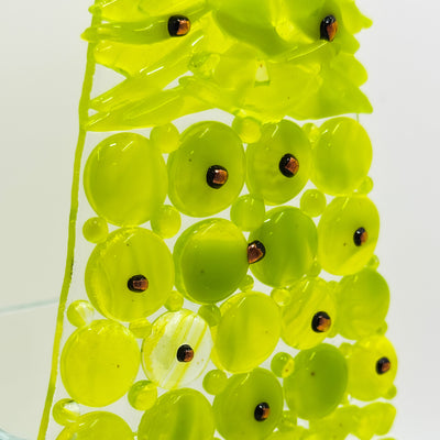 Fused Glass Xmas Tree Candle Holder in lemon green shapes with copper dots