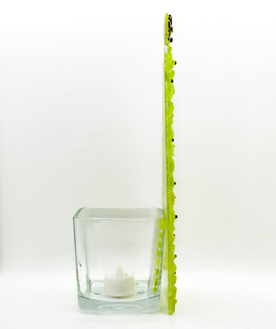 Fused Glass Xmas Tree Candle Holder in lemon green shapes with copper dots