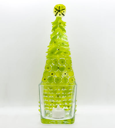 Fused Glass Xmas Tree Candle Holder in lemon green shapes with copper dots