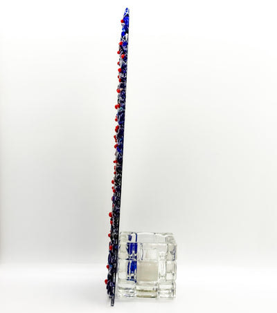 Fused Glass Xmas Tree Candle Holder in dark blue swishes with red dots