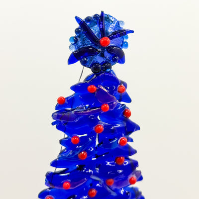 Fused Glass Xmas Tree Candle Holder in dark blue swishes with red dots