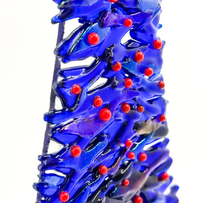Fused Glass Xmas Tree Candle Holder in dark blue swishes with red dots