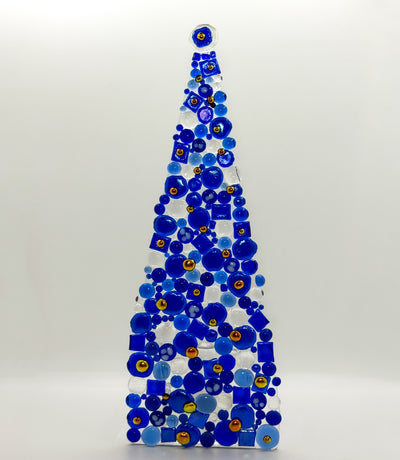 Fused Glass Xmas Tree Candle Holder in dark blue & clear dots