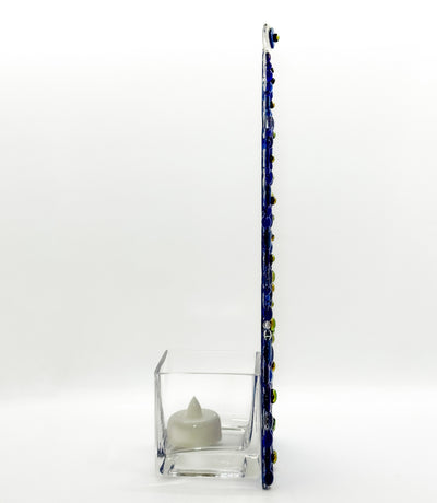 Fused Glass Xmas Tree Candle Holder in dark blue & clear dots