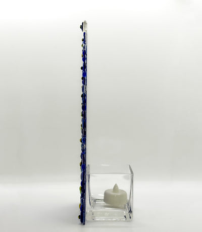 Fused Glass Xmas Tree Candle Holder in dark blue & clear dots