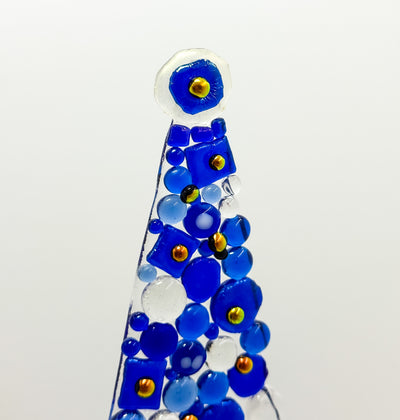 Fused Glass Xmas Tree Candle Holder in dark blue & clear dots