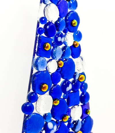 Fused Glass Xmas Tree Candle Holder in dark blue & clear dots