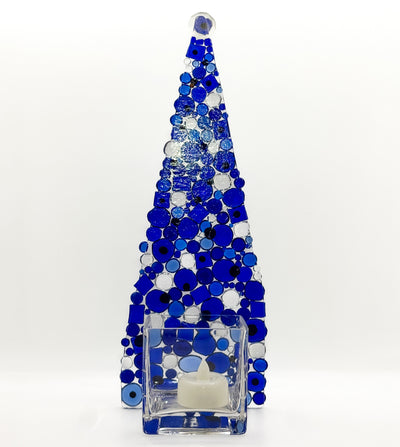 Fused Glass Xmas Tree Candle Holder in dark blue & clear dots