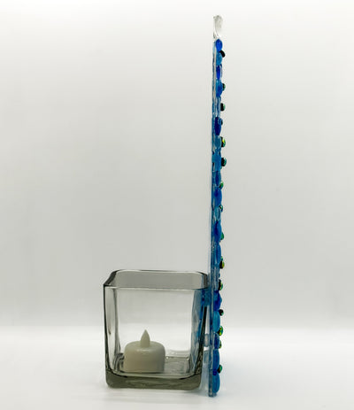 Fused Glass Xmas Tree Candle Holder in blue & clear dots with green and gold dots