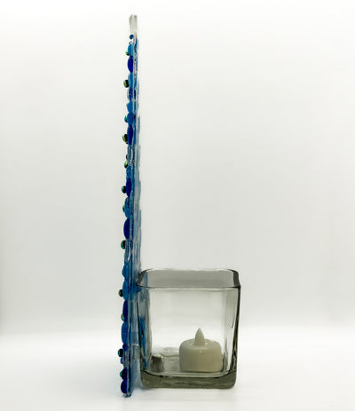 Fused Glass Xmas Tree Candle Holder in blue & clear dots with green and gold dots