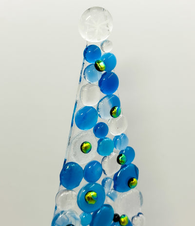 Fused Glass Xmas Tree Candle Holder in blue & clear dots with green and gold dots
