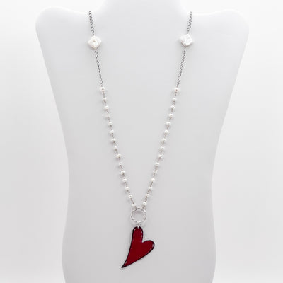 Enamel copper heart pendant on pearl chain necklace