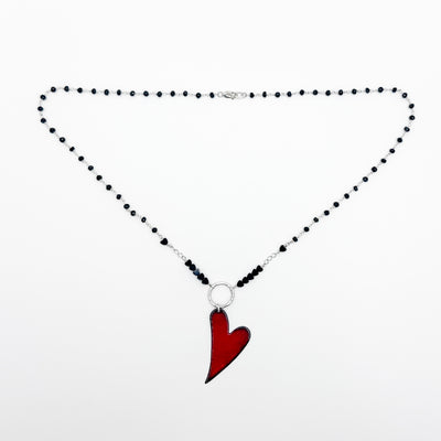 Enamel copper heart pendant on beaded onyx chain necklace